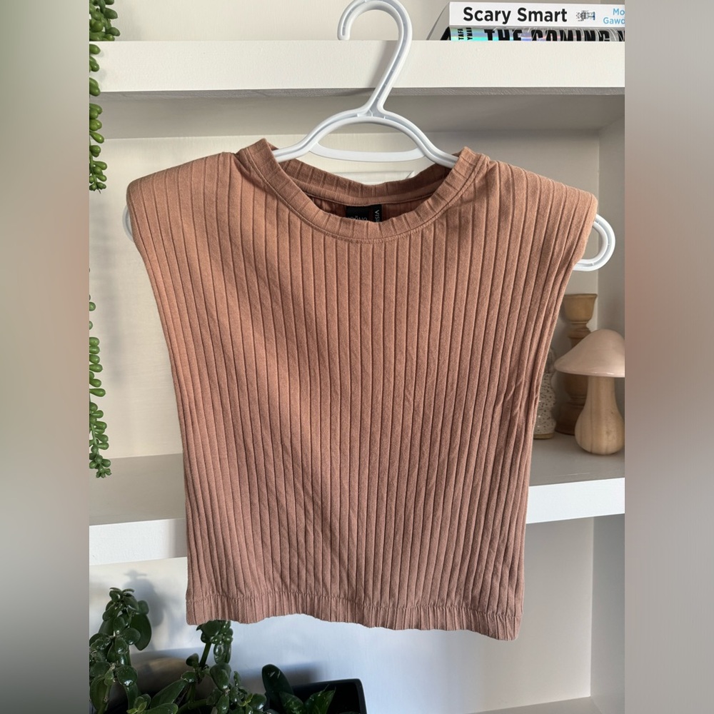 Simons Tan Cropped Tank Top with Shoulder Pads